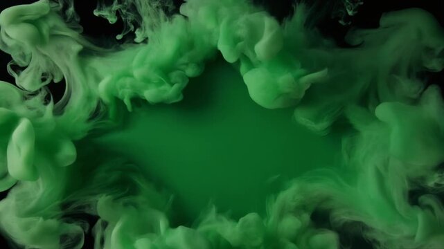 Vibrant green ink explosion radiating outwards, forming abstract cloud shapes, a pulsating vortex against a dark background, symbolizing growth
