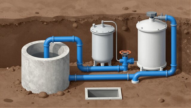 Cutaway view of an underground septic system with concrete chamber, pumps, and filters in soil.