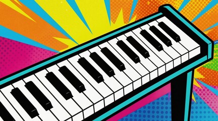 Naklejka premium Piano keys art illustration in pop art comic retro style. Bright colorful background with abstract shapes and dots. Music instrument fun design.