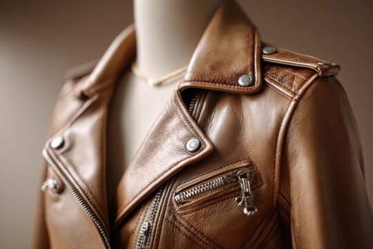 Exquisite Leather Jacket Display: Close-up shot of a stylish leather jacket on a mannequin, showcasing the fine details and textures of the craftsmanship. Evoking luxury and timeless fashion.