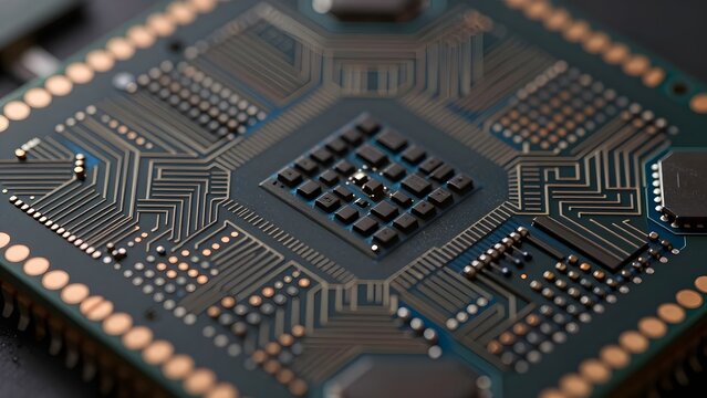 4. A photorealistic close-up of an abstract memory chip die showing intricate microscopic transistor patterns arranged in repeating grid blocks, copper bonding pads at the edges catching warm specular