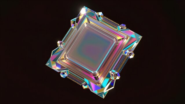 10. A premium iridescent holographic prismatic hero of an abstract memory module rendered as floating crystalline structure with internal layered architecture visible through translucent surfaces, col
