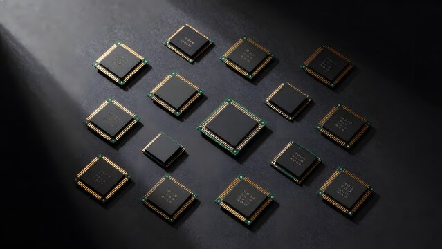 16. An overhead flat lay editorial composition of abstract memory chips arranged on dark matte surface, precision-machined ceramic packages with gold contacts visible, dramatic raking studio light cre