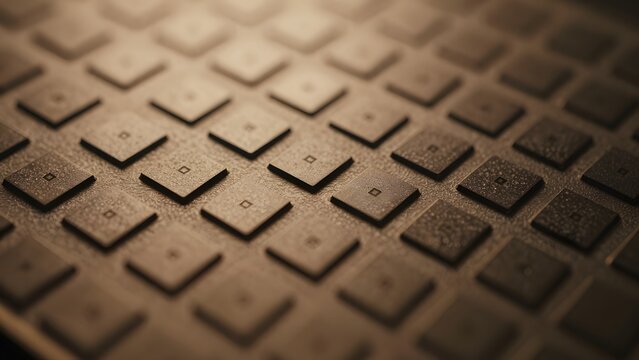 20. A dramatic macro hero of an abstract memory wafer surface in extreme close-up showing dozens of identical chip die patterns arranged in repeating grid formation, the surface catching warm studio l