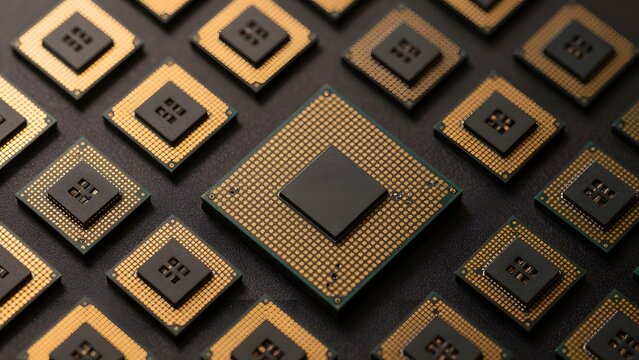 36. An overhead flat lay editorial composition of multiple abstract processor chips arranged on dark matte surface in geometric pattern, precision-machined ceramic packages with gold contacts catching