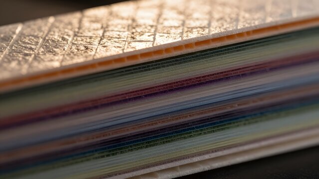 45. A photorealistic macro of an abstract wafer cross-section revealing the layered structure with multiple thin film layers visible as translucent strata of varying colors, the metallization layers c