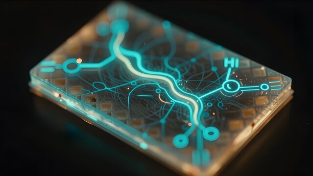 51. An organic bioluminescent macro of an abstract wafer with active processing visualization, glowing energy patterns flowing across the surface representing chemical or thermal processes, ethereal c