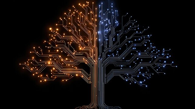 Circuit board tree with glowing orange and blue branches