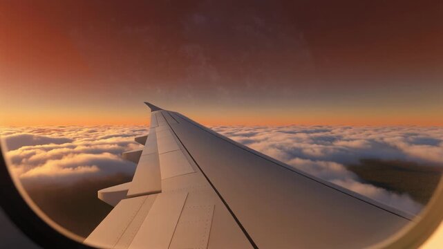 Airplane wing flying through sunset clouds