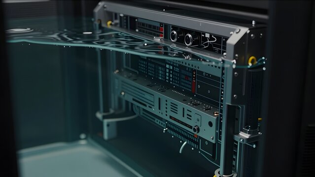 100. A premium dramatic hero of an abstract immersion cooled server bath with equipment partially submerged in clear cooling fluid, the fluid creating subtle distortions of the equipment below, atmosp