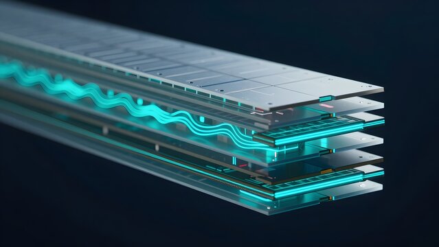1. A photorealistic extreme macro of an abstract three-dimensional NAND flash memory cell stack rendered in cross-section, multiple stacked floating gate layers visible as translucent silicon planes w