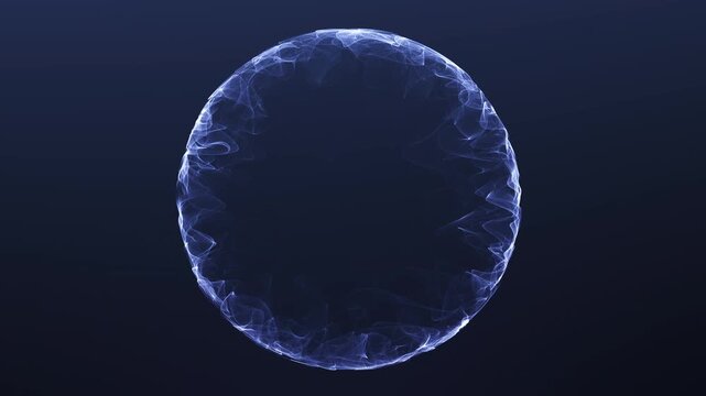 Blue glowing energy ring sphere with electric light waves on dark background, abstract futuristic orb with plasma edge, motion glow and seamless 4K loop.