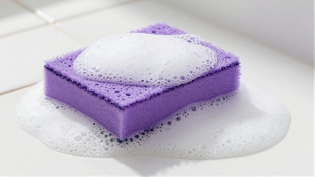 Close-up of a purple cleaning sponge covered in soap suds on white tiles.