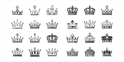 Crown collection of monarch headwear and royal tiara symbols in hand drawn sketch style for design. © Maruf