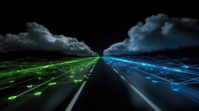 Digital highway splits into green and blue data streams under cloudy sky