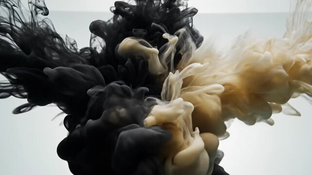 Black and cream ink clouds swirling and mixing in clear water against a white background.
