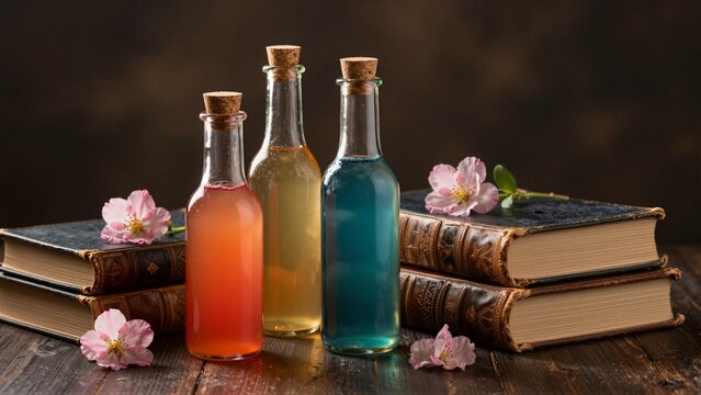 Three glass bottles filled with colored liquids stand beside old leather-bound books on a wooden table, adorned with pink flowers.