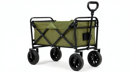Green foldable utility wagon with four wheels and a handle. This cart is useful for camping, gardening, beach trips, or transporting items easily. It is compact for storage and transport.