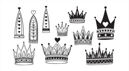 Folk style crown doodles collection for queen king princess royal party ornaments greeting card art. © MdAbdul