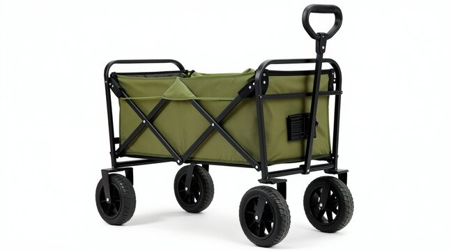 Green foldable utility wagon with four wheels and a handle. This cart is useful for camping, gardening, beach trips, or transporting items easily. It is compact for storage and transport.