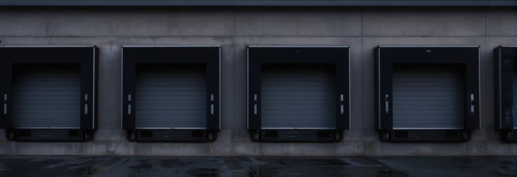 Row of closed industrial loading dock doors on a concrete building facade. Gray metal roll up shutters suggest nighttime or early morning business operations.