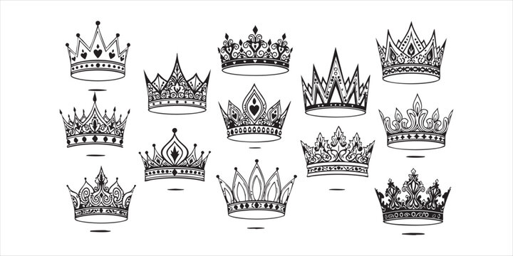 Intricate lacy crown illustrations with heart motifs and filigree patterns for bridal and fashion.