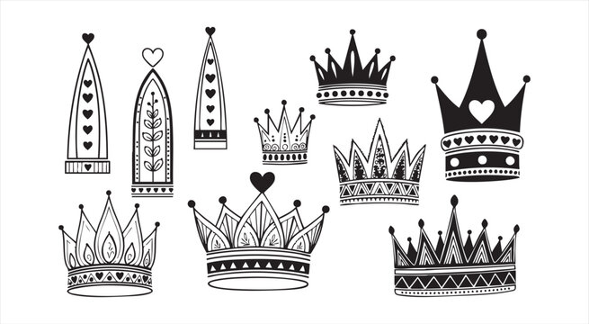 Folk style crown doodles collection for queen king princess royal party ornaments greeting card art.