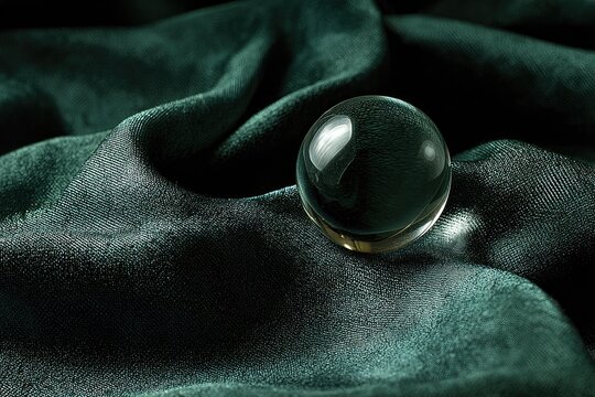 A clear sphere rests on rippling dark green fabric, catching light