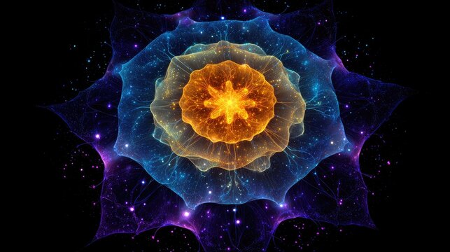 Vibrant cosmic bloom of blue, orange, and purple light in darkness