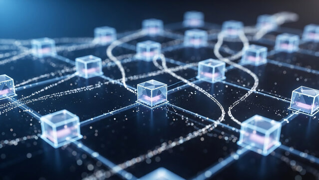 Abstract Blockchain Network Connection with Glowing Digital Data Cubes