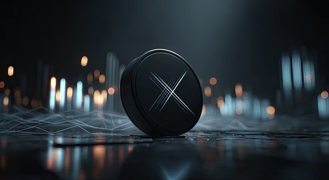 Dark digital coin with glowing lines on a city skyline background