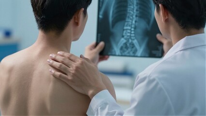 Fototapeta premium Doctor in white coat examining spine x-ray and palpating patient's back, suggesting diagnosis or treatment planning.