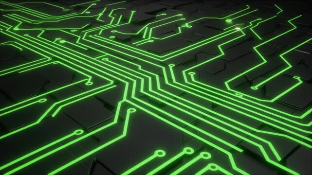 Dynamic green circuit board animation, abstract technology background, pulsing circuit lines on black futuristic surface, symbolizing data flow