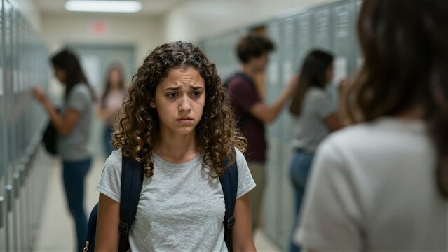 Sad teenage girl looks distressed in a school hallway surrounded by peers; soft focus background.
