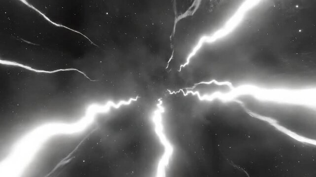 Abstract illustration of a bright supernova explosion with electric light flashes spreading across the starry cosmos