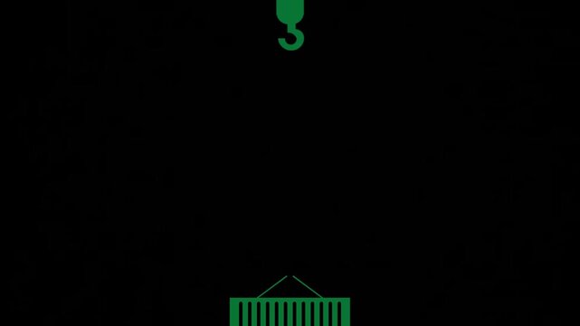 Stylized green crane hook hovering over a shipping container, embodying efficient global logistics, industrial transport, and streamlined cargo delivery solutions