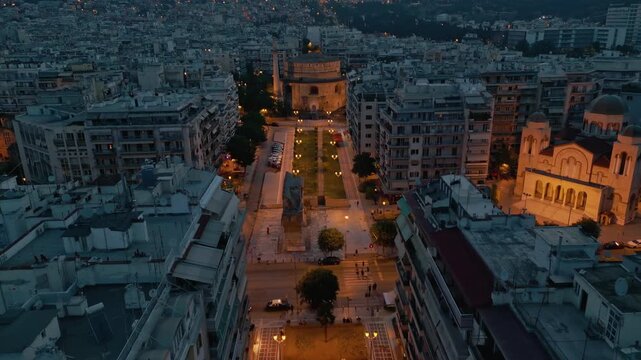 Aerial view of the Rotunda and the Arch of Galerius (Kamara) at twilight, in the city of Thessaloniki, Greece.