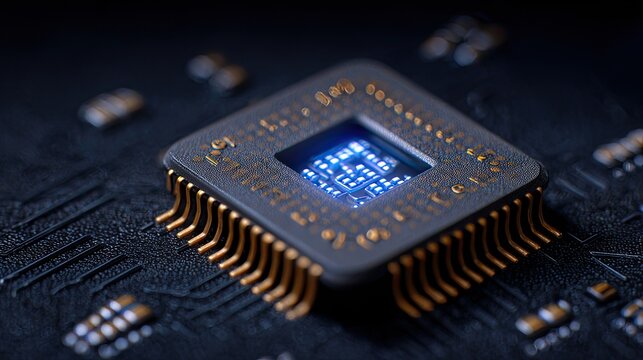 Close-up of a glowing blue central processing unit on a dark circuit board