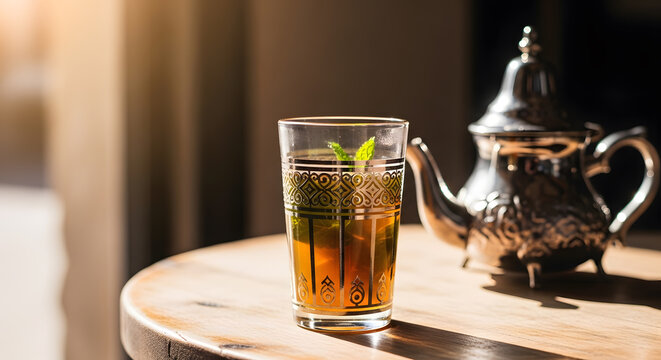 Maghrebi mint tea with herbs, popular African tea beverage from Maghreb but also famous in Tunisia, Algeria,and Morocco