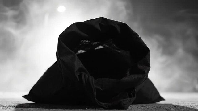 Black sack on a reflective surface with a light source and wispy smoke in the background.