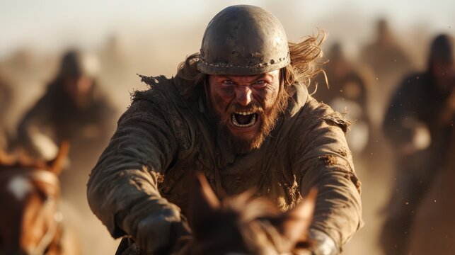 A fierce warrior riding at full gallop, his face filled with determination and rage, capturing the intensity of battle and the spirit of ancient warfare.