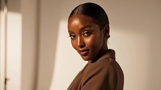 Elegant Somali woman in cocoa blazer turning toward soft window light, polished hair, warm neutral wall, confident modern portrait for fashion beauty and professional lifestyle editorial imagery