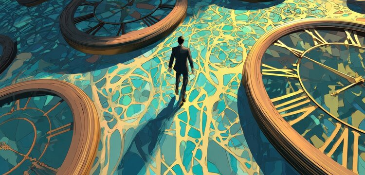 Person walks on a mosaic floor surrounded by oversized clocks
