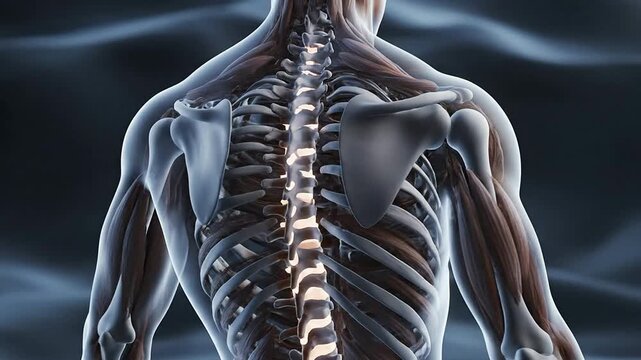High-Definition Abstract CGI Animation Showcasing Smooth Spinal Rotation With Detailed Vertebrae and Musculature in Fluid Dark Background