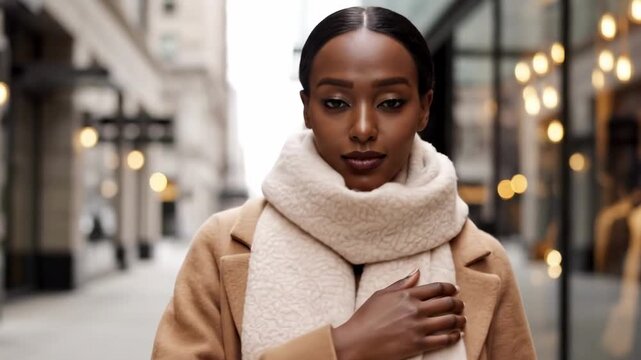 Stylish Somali woman in camel coat and plush cream scarf walking through elegant city arcade, eyes lowered, soft bokeh lights, refined winter fashion portrait with urban luxury shopping mood