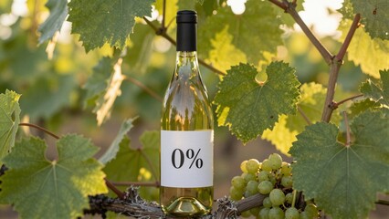 Fototapeta premium A bottle of non-alcoholic spirit with a '0%' label sits among grapevines, emphasizing healthy lifestyle choices. Soft focus background highlights the product.