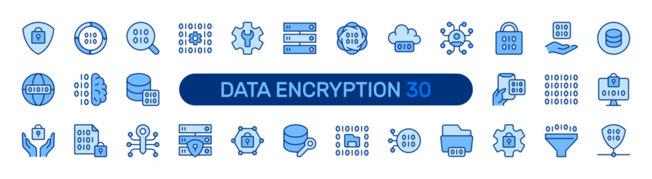 Data Encryption filled icon set. Cybersecurity, Privacy, Digital Technology, Security, Cyber Defense concept. Blue vector icons collection.