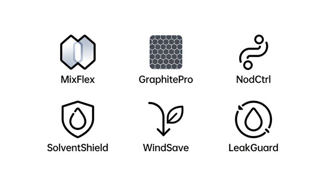 Geometric splicing, honeycomb texture, and curved icons represent industrial materials that are flexible, durable, solvent resistant, windproof, and anti-seepage, suitable for multi scene protection 