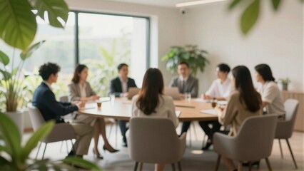 Fototapeta premium A group of professionals discusses at a conference table in a bright, modern office with lush green plants and natural light.