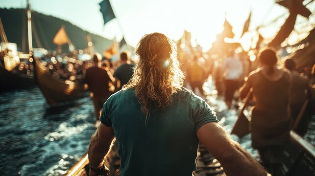A captivating scene depicting a group of Vikings disembarking from their ships, showcasing unity, adventure, and a strong connection to their maritime heritage amidst a stunning sunset.